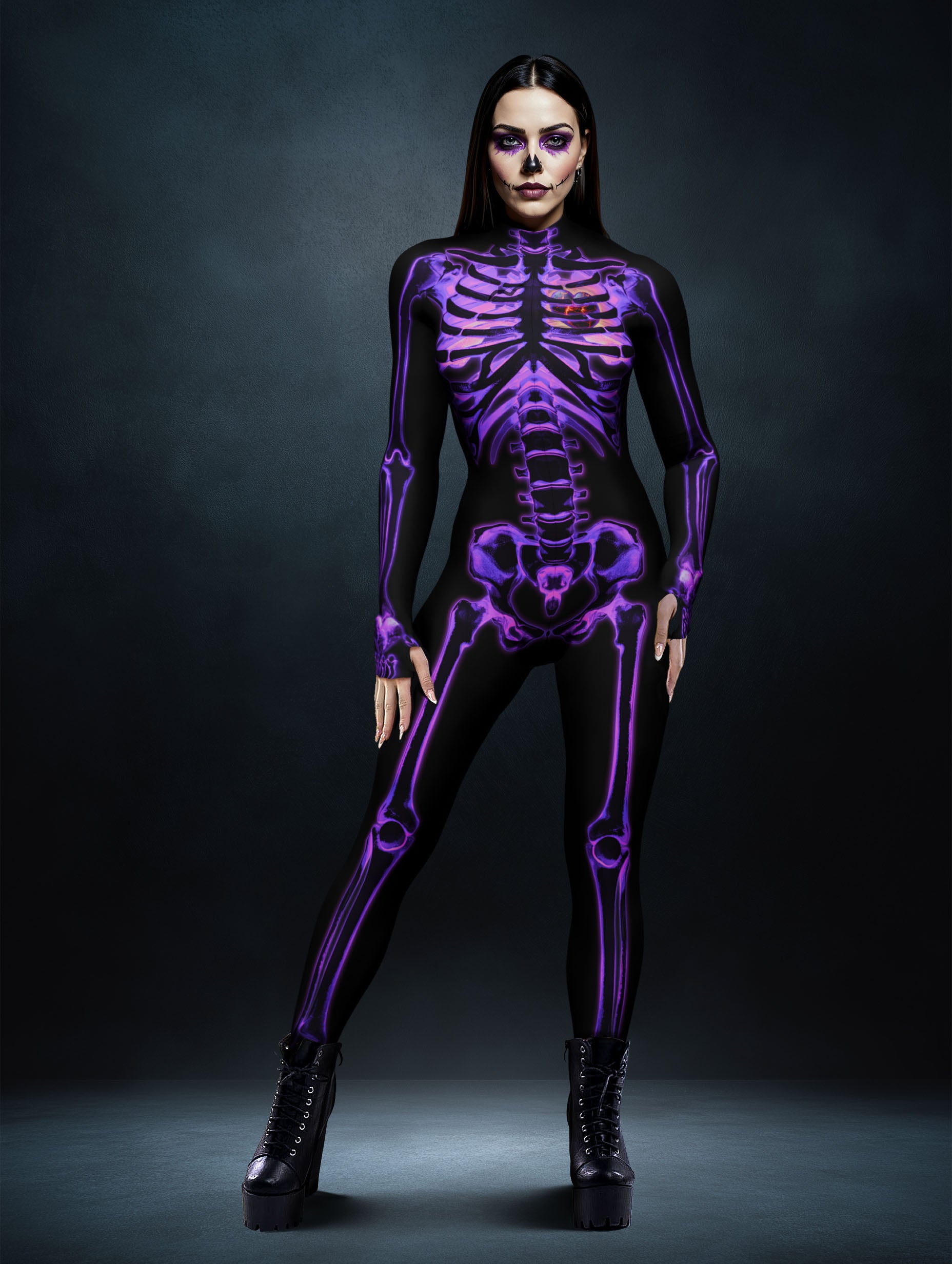Purple skeleton women's costume - front view
