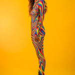 Side view of Rainbow Liquid Catsuit, emphasizing curve-hugging fit and vibrant colors ideal for Pride marches and dance parties.
