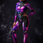 Profile view of a woman in a violet android catsuit, showing the sleek silhouette and intricate design details of the futuristic full body costume.