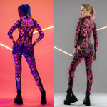 Back view collage of the SUNSET VOLTAGE UV Reactive Catsuit in UV and regular lighting – contrast between neon rave glow and daytime look.