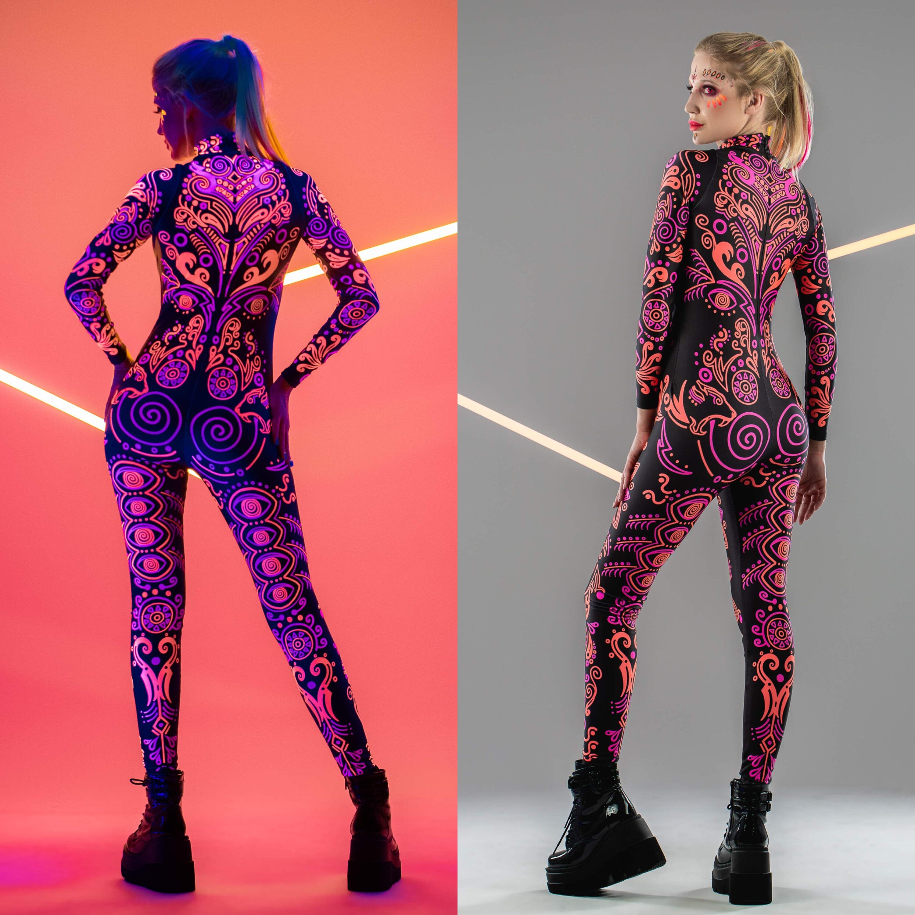 Back view collage of the SUNSET VOLTAGE UV Reactive Catsuit in UV and regular lighting – contrast between neon rave glow and daytime look.