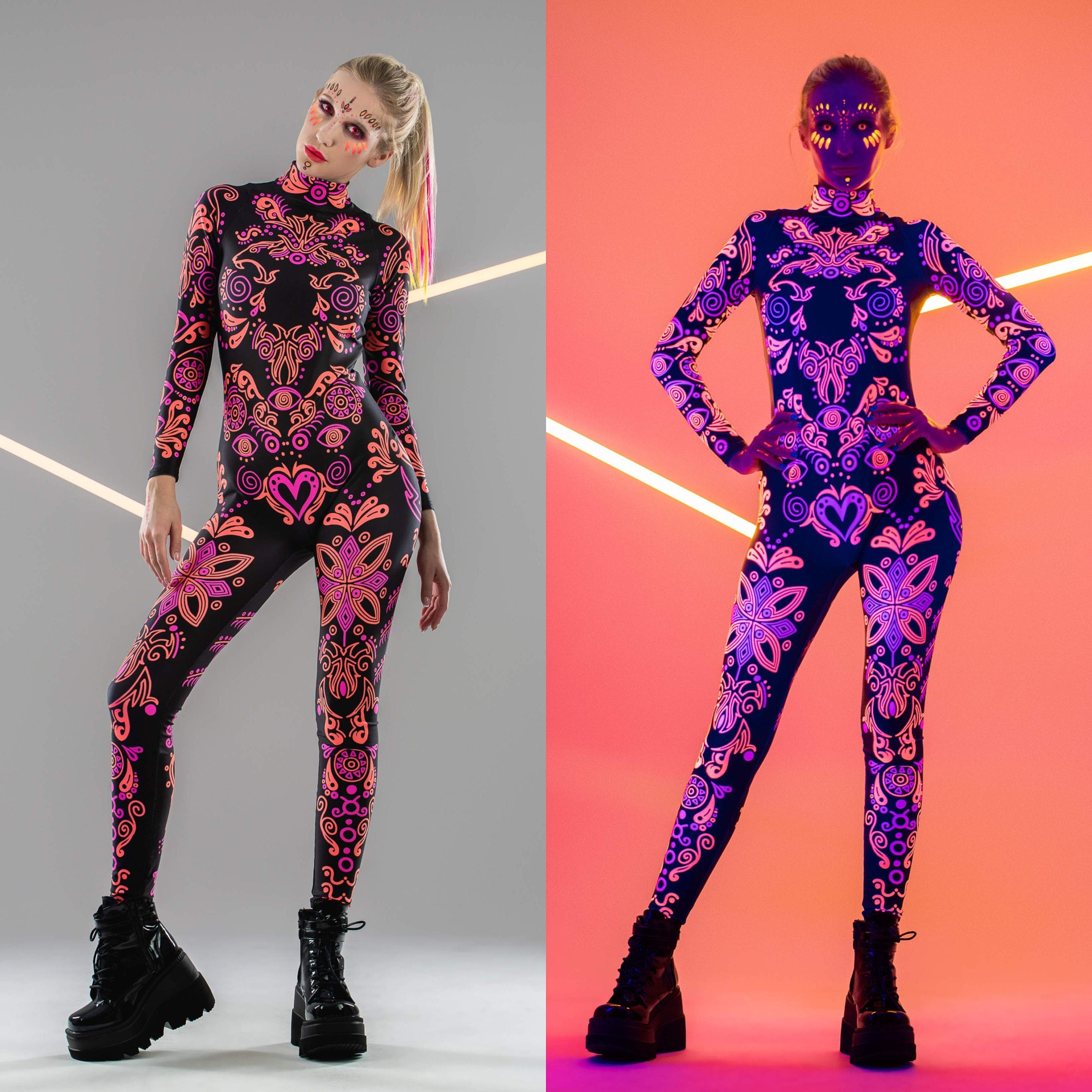 Comparison collage of the SUNSET VOLTAGE UV Reactive Catsuit – front view under UV light vs. daylight, showing its glowing transformation.