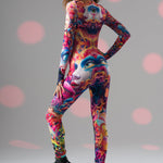 Back-side angle of TRIPPY DREAM Catsuit, showcasing swirling surreal colors and tailored fit ideal for festivals and events.