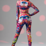Back view of TRIPPY DREAM Catsuit, highlighting surreal psychedelic patterns and detailed design for standout festival wear.
