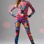 Front view of TRIPPY DREAM Catsuit, showcasing vibrant psychedelic colors and sleek full body fit perfect for festivals and cosplay.