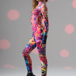 Side profile of TRIPPY DREAM Catsuit, showing off vibrant psychedelic patterns and sleek silhouette for cosplay and parties.