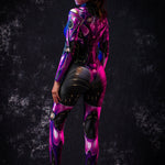 Woman wearing a violet android catsuit in a half-back pose with a slight head turn, showcasing costume contours and detailed cyberpunk style.