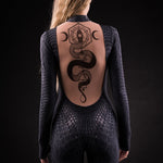 Close-up of the intricate tattoo effect on the back of the Black Mamba catsuit, highlighting the unique design for a standout Halloween look.