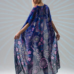 Blue Mandala Bliss boho kimono with  mandala print, worn open, back angle view