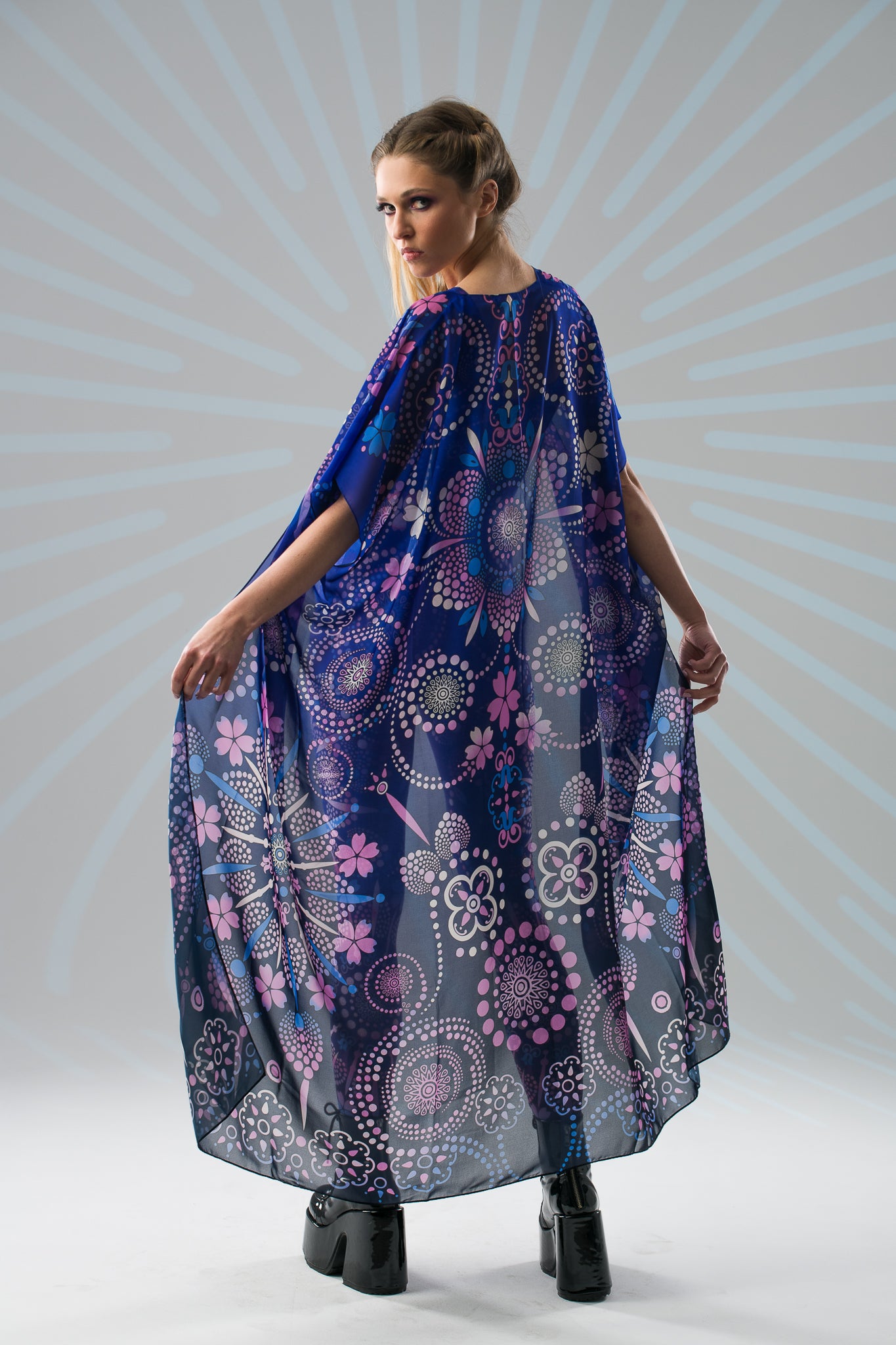 Blue Mandala Bliss boho kimono with  mandala print, worn open, back angle view