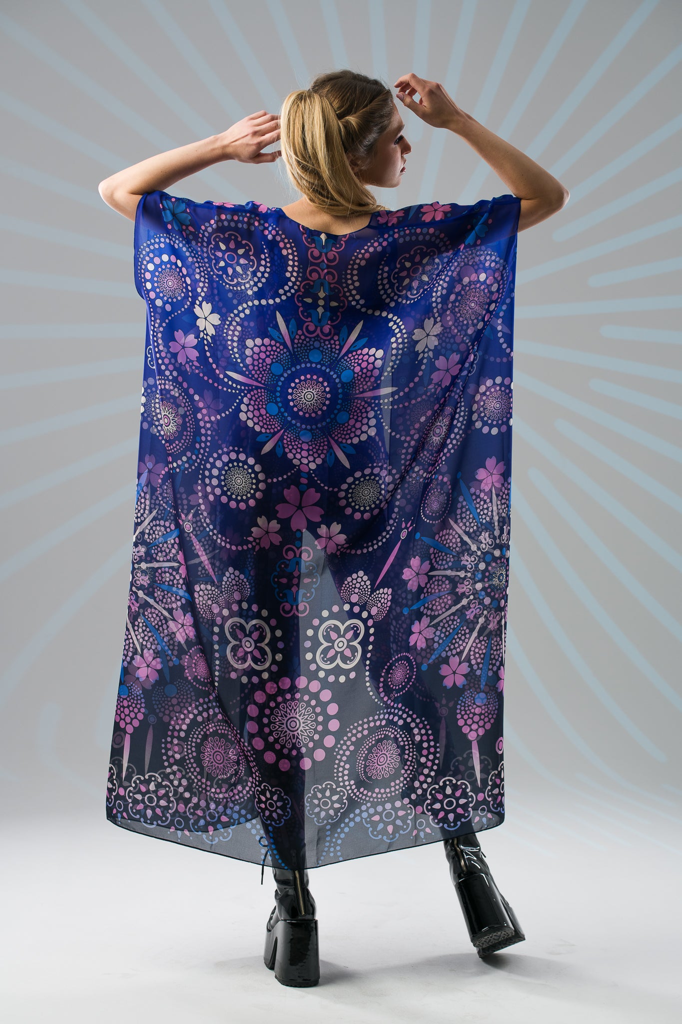 Blue Mandala Bliss boho kimono with ornamental mandala print, full back view