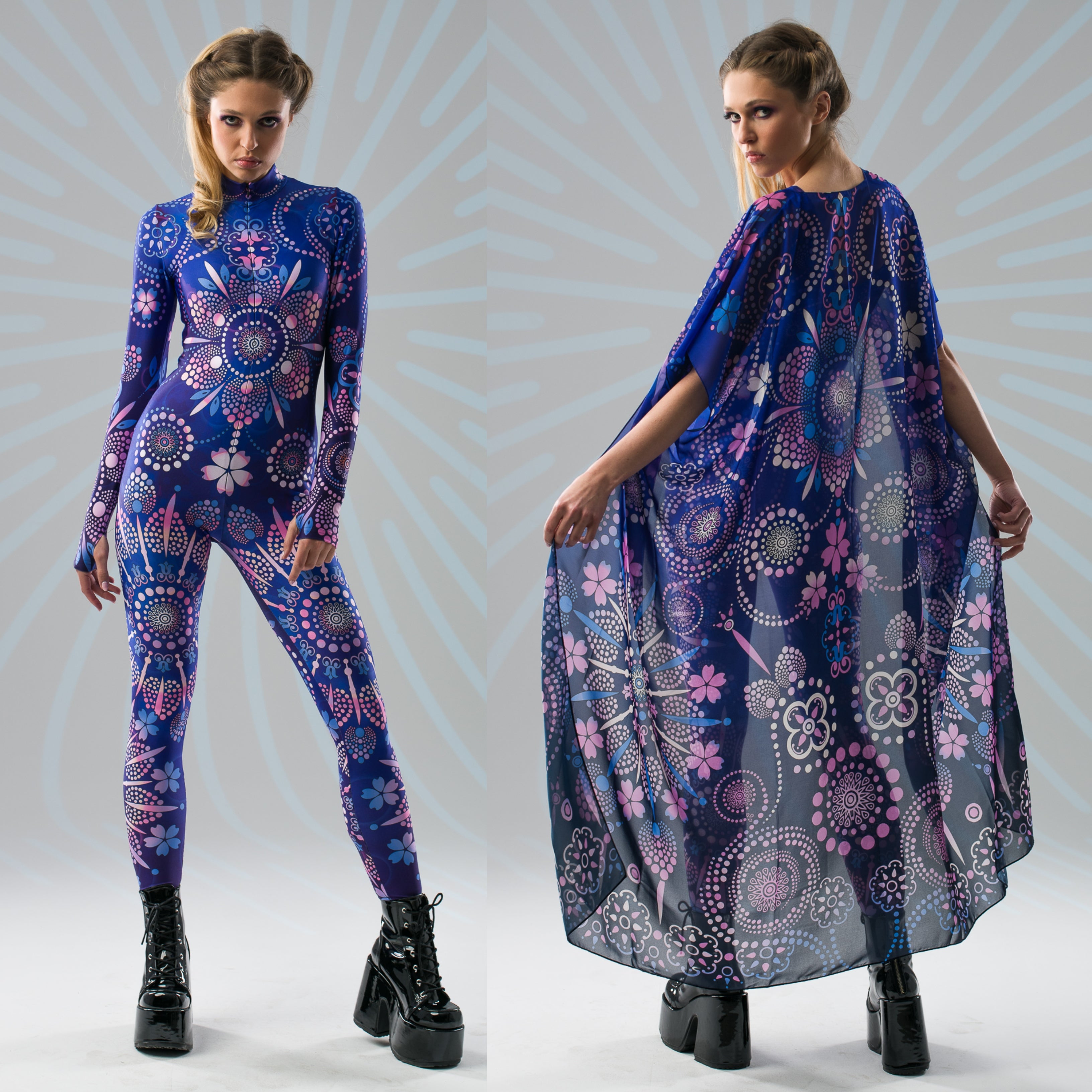 Blue Mandala Bliss catsuit and matching boho kimono set with ornamental mandala print