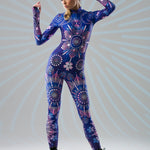 Blue Mandala Bliss fullbody catsuit with boho mandala print, styled on model