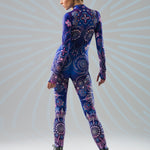Blue Mandala Bliss fullbody catsuit with boho ornamental mandala print, back angle view
