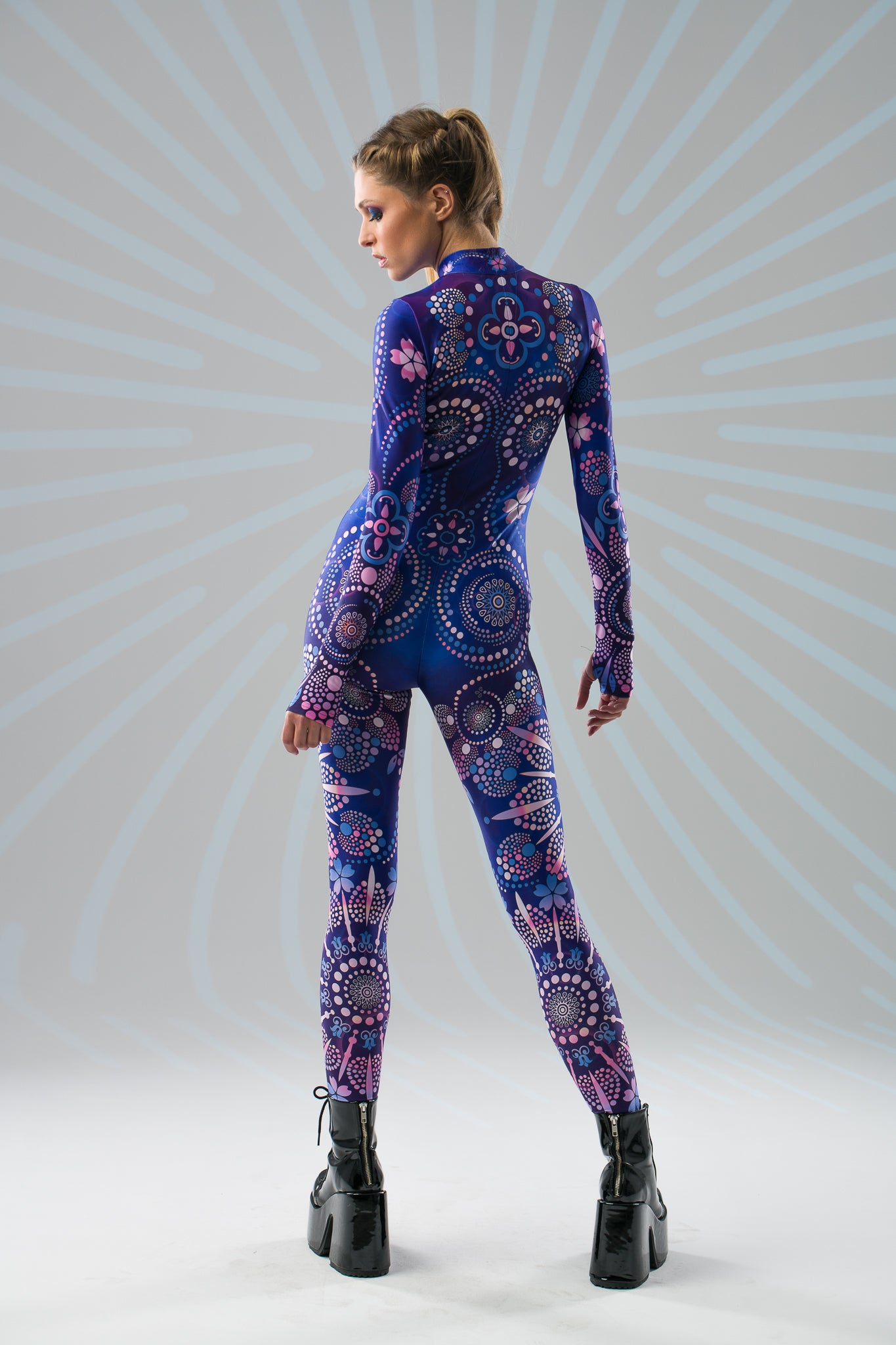 Blue Mandala Bliss fullbody catsuit with boho ornamental mandala print, back angle view