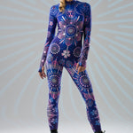 Blue Mandala Bliss fullbody catsuit with boho ornamental mandala print, front view