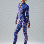 Blue Mandala Bliss fullbody catsuit, side view with ornamental mandala print