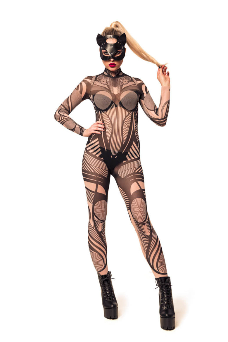 Front view of HYPNOTIC STYLE Tattoo Catsuit for Women – proud pose with model holding a lock of hair, showing playful attitude, wearing a cat mask.