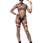 Front view of HYPNOTIC STYLE Tattoo Catsuit for Women – proud pose with model holding a lock of hair, showing playful attitude, wearing a cat mask.