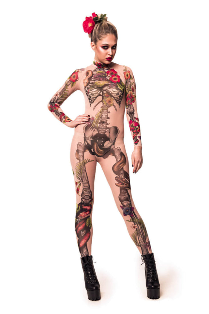 Romantic front view of JUNGLE SNAKES Tattoo Skeleton Catsuit for Women – blending the elegance of floral elements with the wild spirit of snakes.