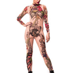 Romantic front view of JUNGLE SNAKES Tattoo Skeleton Catsuit for Women – blending the elegance of floral elements with the wild spirit of snakes.