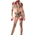 Front view of LADY DEATH Tattoo Skeleton Catsuit for Women – model posing confidently to emphasize bold style and power.