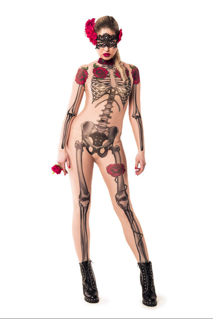 Full front view of LADY DEATH Tattoo Skeleton Catsuit for Women – showcasing the striking skeleton and rose tattoo design.