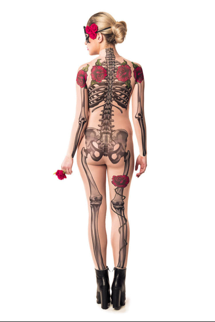 Full back view of LADY DEATH Tattoo Skeleton Catsuit for Women – revealing the detailed skeleton artwork along the spine.