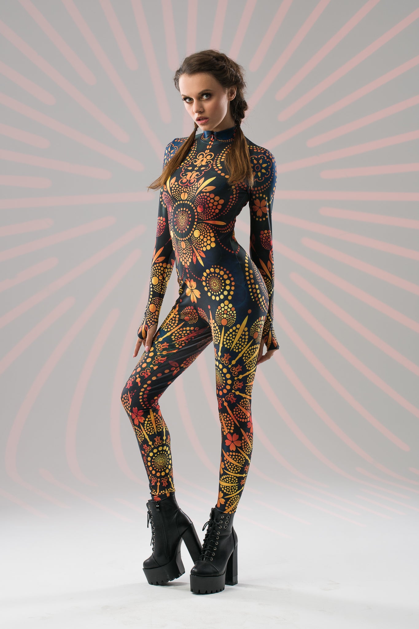 Gold Mandala Bliss catsuit, side view with ornamental mandala print