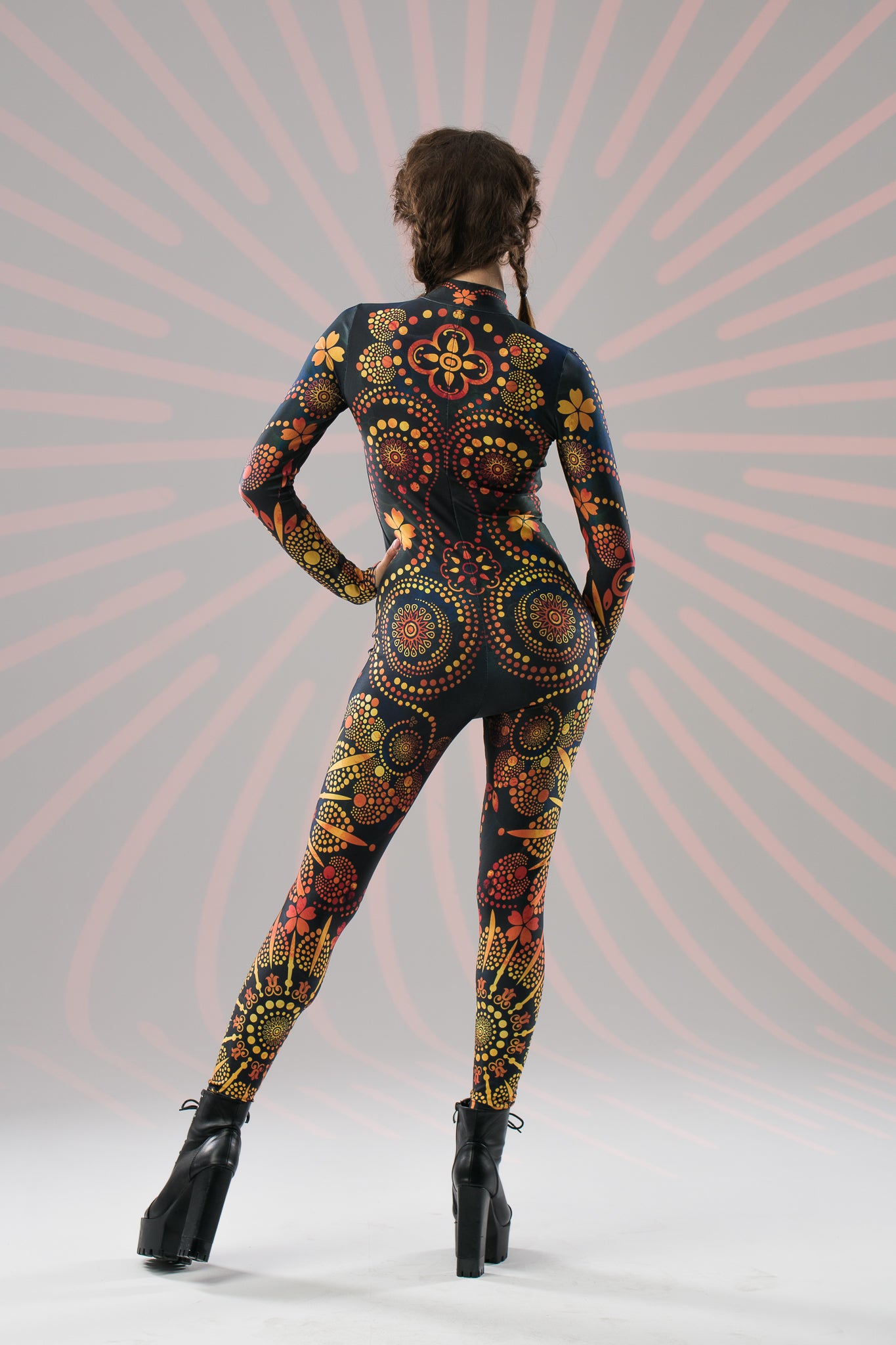 Gold Mandala Bliss fullbody catsuit with boho ornamental print, back view
