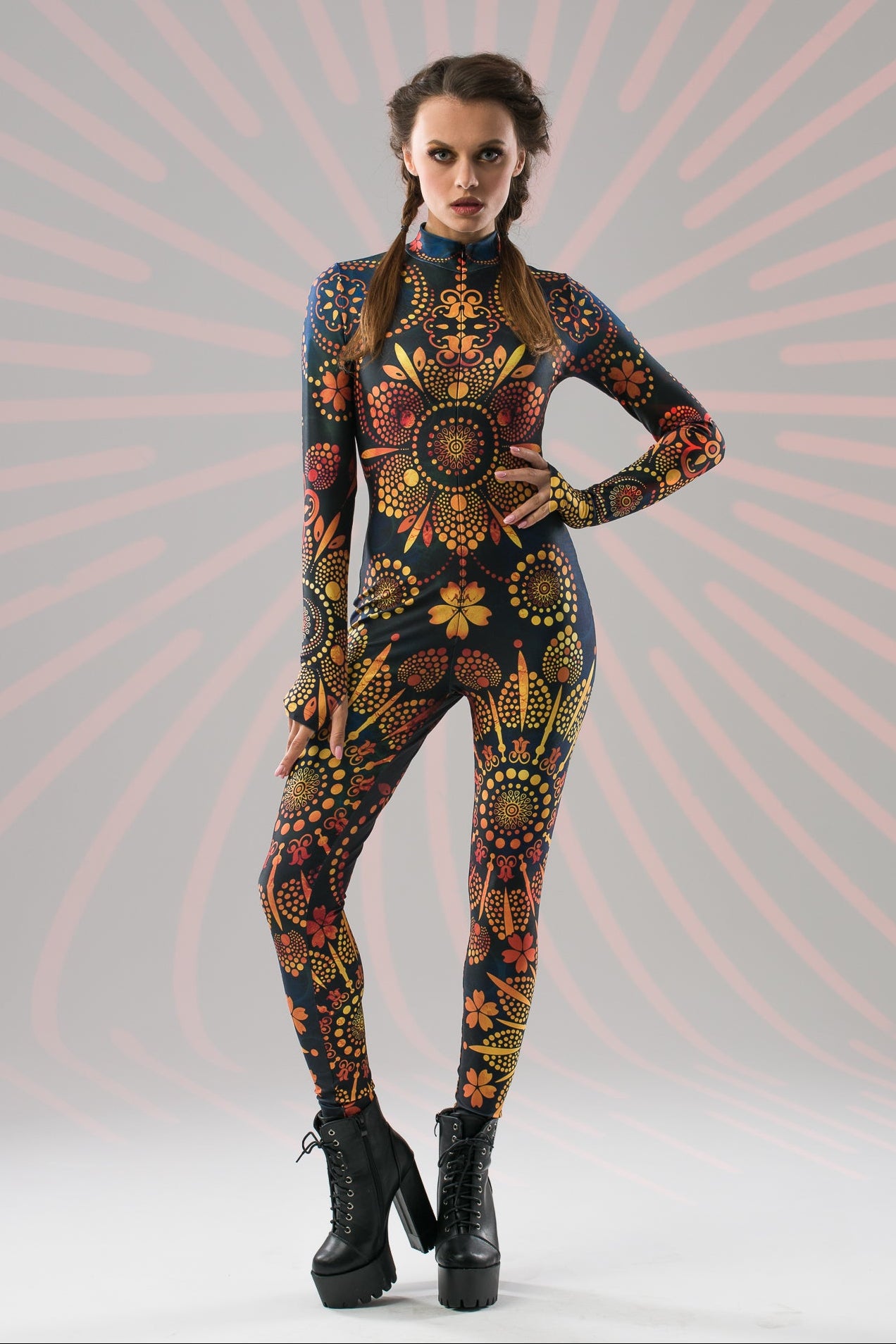Gold Mandala Bliss fullbody catsuit styled for a festival look.