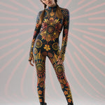 Gold Mandala Bliss fullbody catsuit with boho ornamental print, front view