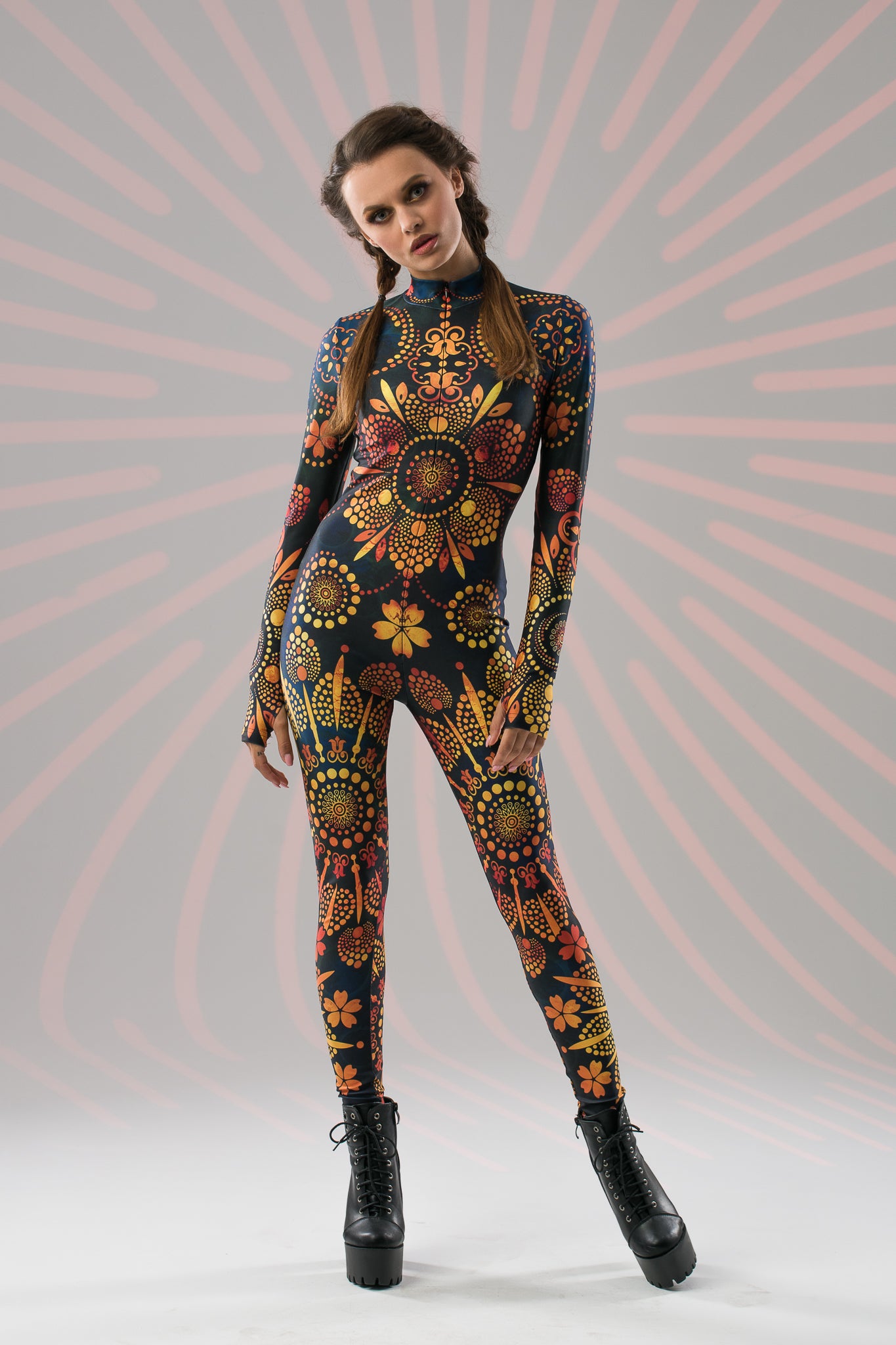 Gold Mandala Bliss fullbody catsuit with boho ornamental print, front view