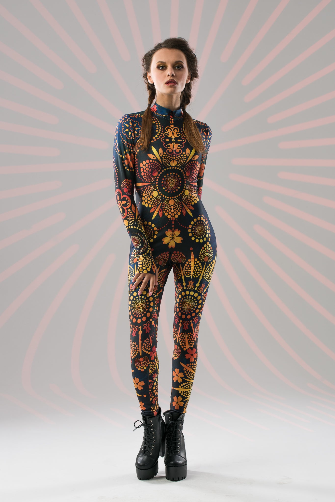 Gold Mandala Bliss fullbody catsuit with boho ornamental print, strong front position