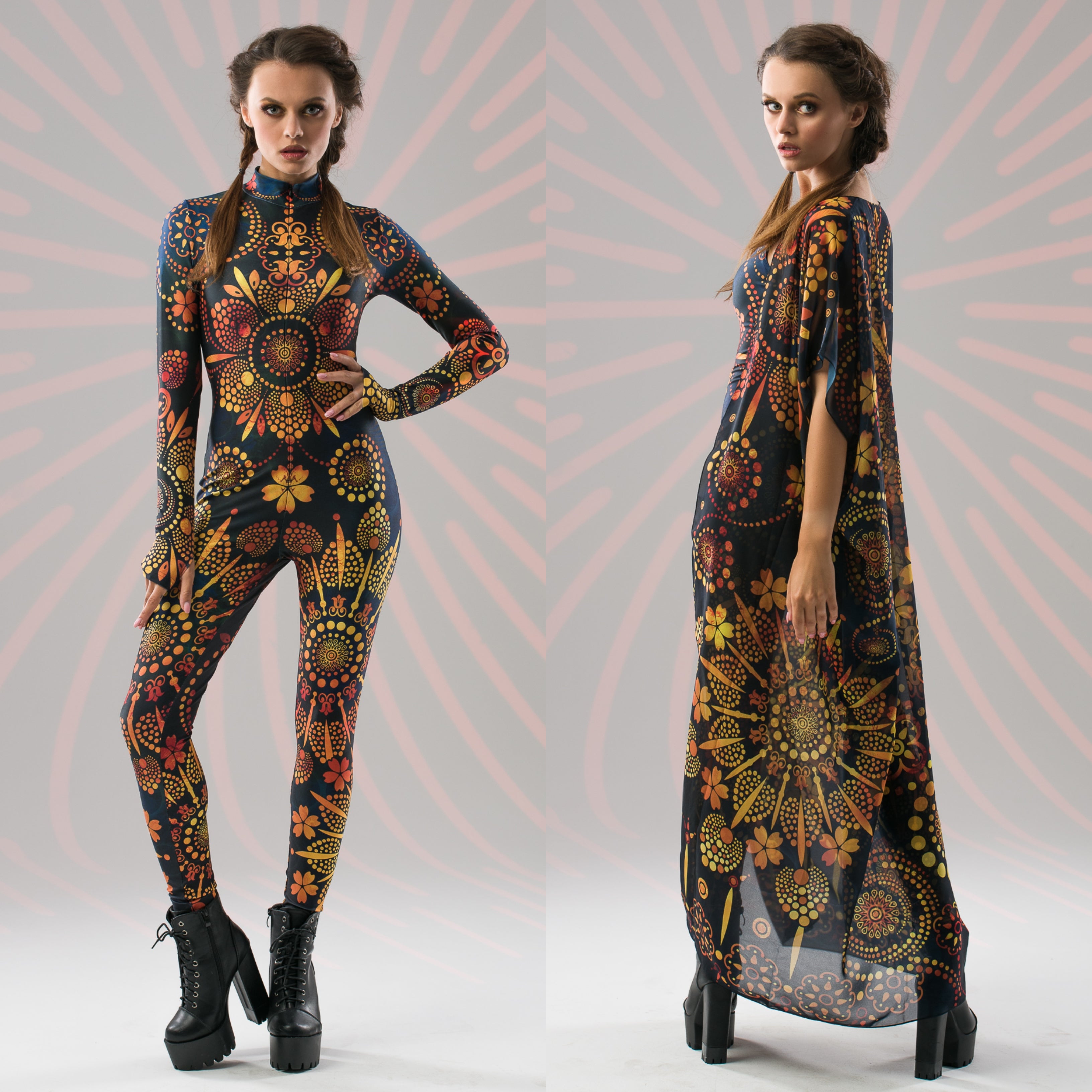 Gold Mandala Bliss fullbody catsuit styled with Gold Mandala Bliss kimono for a festival look