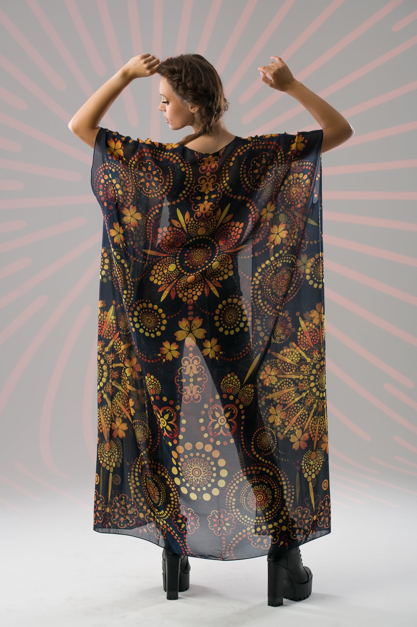 Gold Mandala Bliss large women's kimono with boho ornamental print