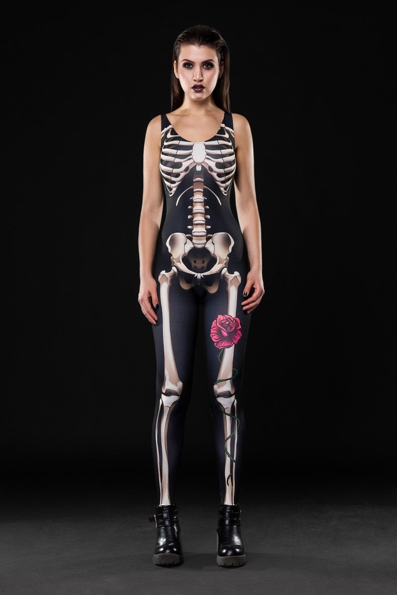 Lady Death Halloween costume for women, featuring a black skeleton catsuit, perfect for Halloween parties or Day of the Dead celebrations.