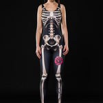 Lady Death Halloween costume for women, featuring a black skeleton catsuit, perfect for Halloween parties or Day of the Dead celebrations.