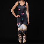 Skull Butterflies Halloween jumpsuit costume for women, featuring a black catsuit with skull and butterfly design, perfect for Halloween parties or gothic-themed events.