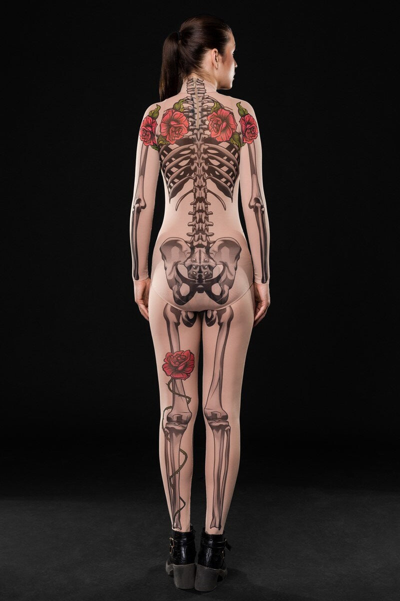 Close-up of the skeleton and fake tattoo design on the mesh bodysuit and leggings set, ideal for a bold Halloween or festival look.