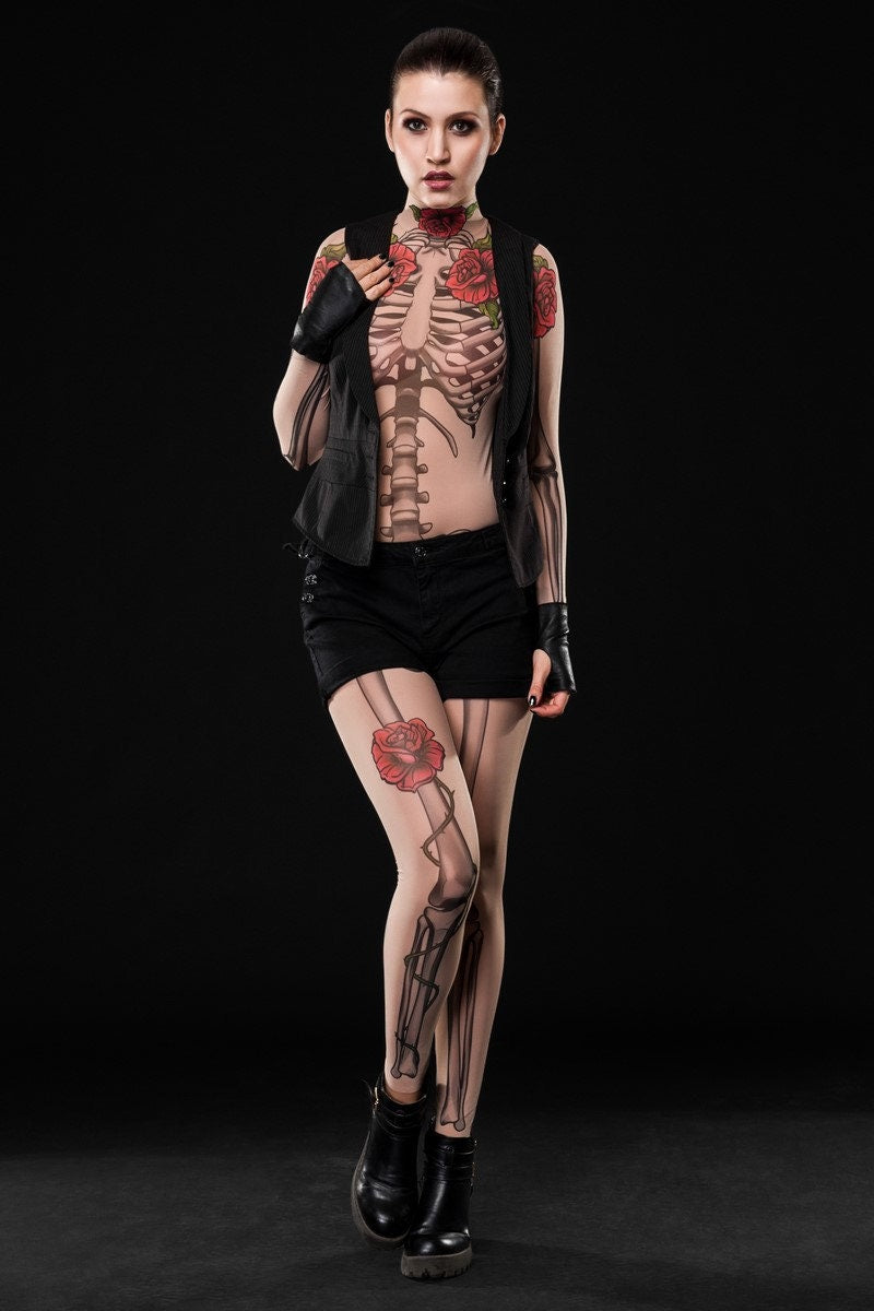 Tattoo Skeleton Bodysuit and Leggings Set Halloween costume, featuring a mesh bodysuit with skeleton and fake tattoo design, perfect for Halloween or Day of the Dead events.