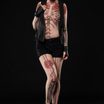 Tattoo Skeleton Bodysuit and Leggings Set Halloween costume, featuring a mesh bodysuit with skeleton and fake tattoo design, perfect for Halloween or Day of the Dead events.