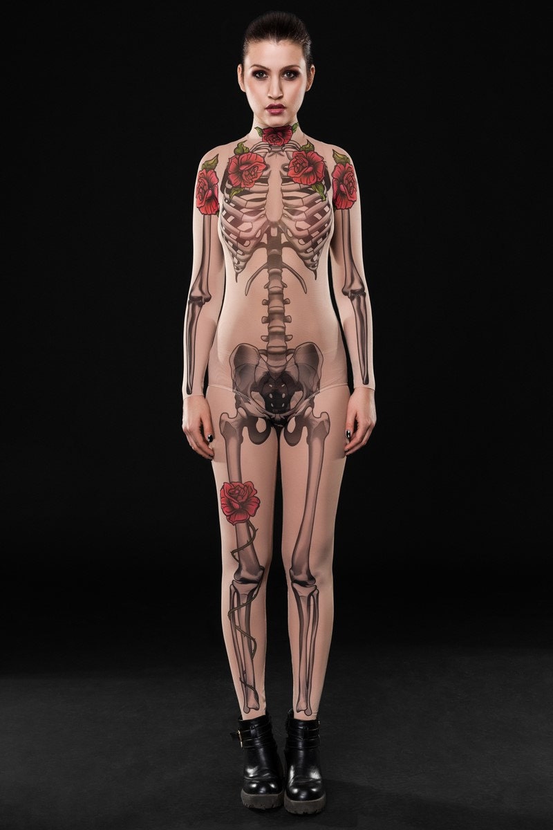 Tattoo Skeleton Bodysuit and Leggings Set Halloween costume, featuring a mesh bodysuit with skeleton and fake tattoo design, perfect for Halloween or Day of the Dead events.