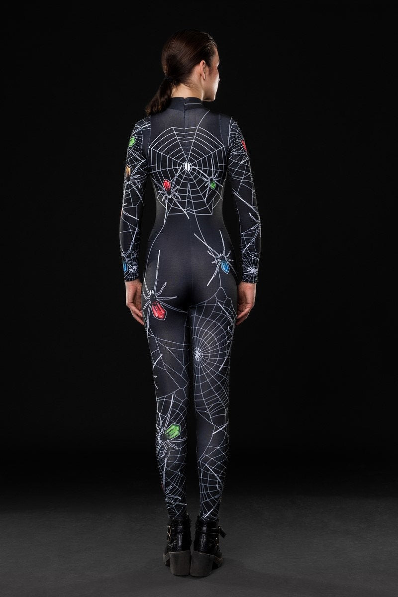 Close-up of the intricate spiderweb design on the black catsuit, ideal for a spooky Halloween or gothic festival look.