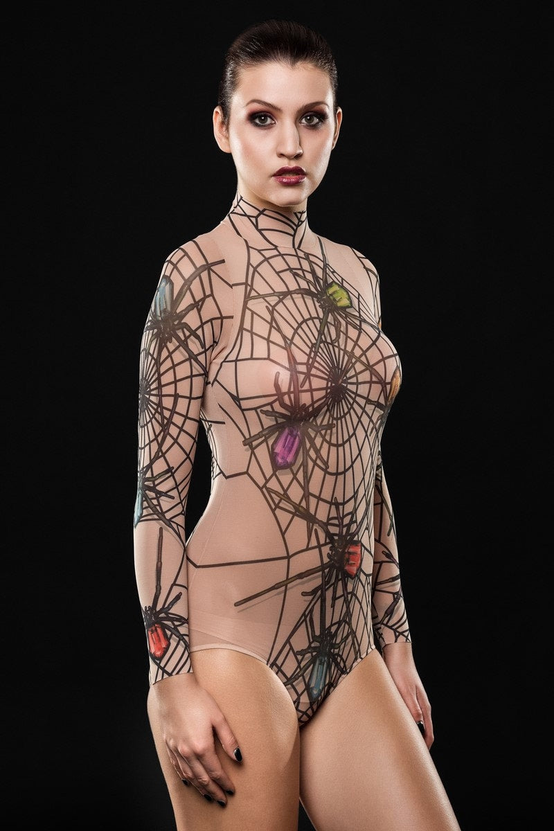 Spiderweb Halloween bodysuit costume featuring a mesh full-body design with fake tattoo spiderweb details, perfect for Halloween parties or cosplay.