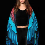 Model wearing the Skull Wings scarf, showcasing the intricate skull and feathered wing print, great for Halloween or as a unique gothic shawl.