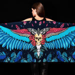 Skull Wings printed scarf, a versatile wrap with detailed skull and wing motifs, perfect for Halloween or as a gothic fashion statement.