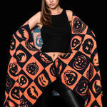 Halloween Pumpkins scarf featuring pumpkin, bat, and skull designs, perfect as a Halloween shawl or festive autumn accessory.