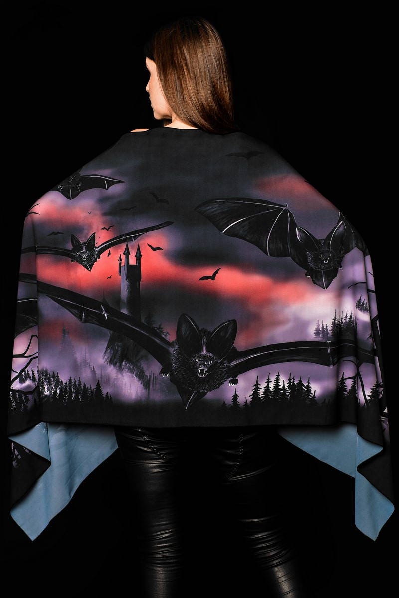 Castle Bats Halloween scarf featuring a dark castle and bat print, perfect as a Halloween shawl or vampire-inspired accessory.