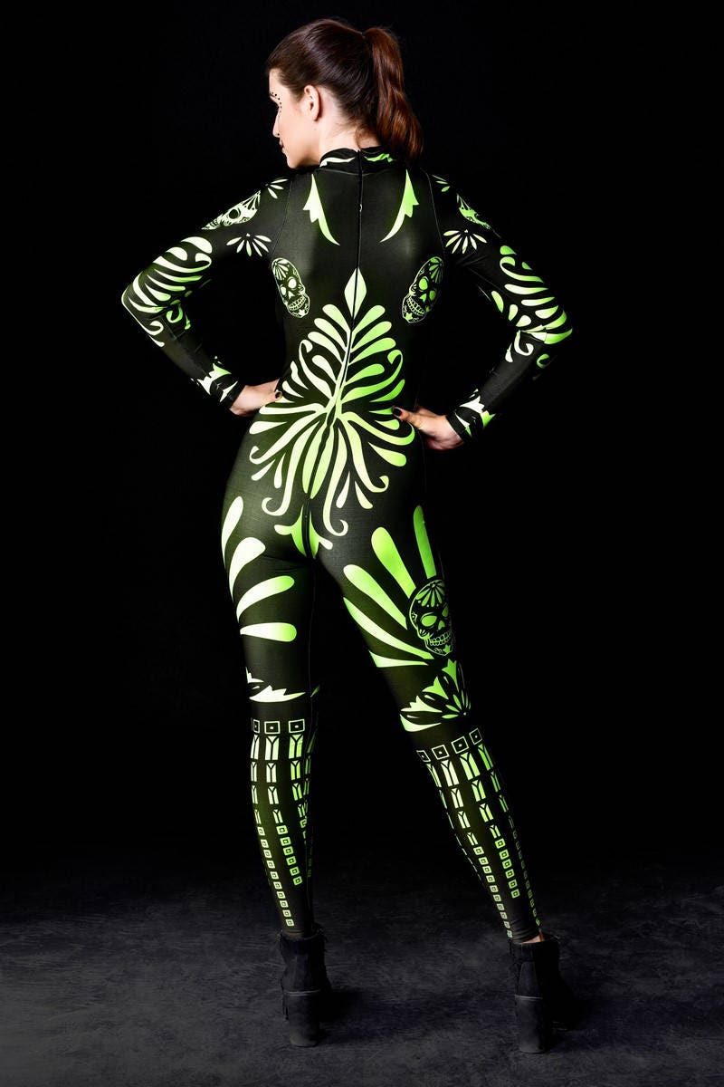 Close-up of the fluorescent Mexican skull design on the Halloween catsuit, ideal for a vibrant and unique Halloween or festival look.